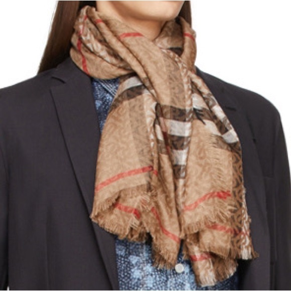 New Burberry Check motif TB monogram wool and silk blend scarf - Picture 3 of 11